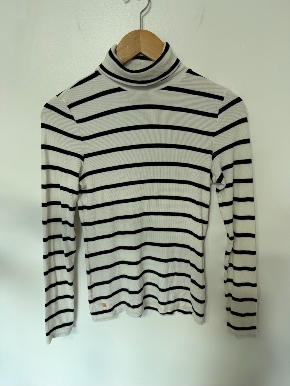 Lauren Ralph Lauren M Black White Striped Ribbed Turtleneck Sweater Top